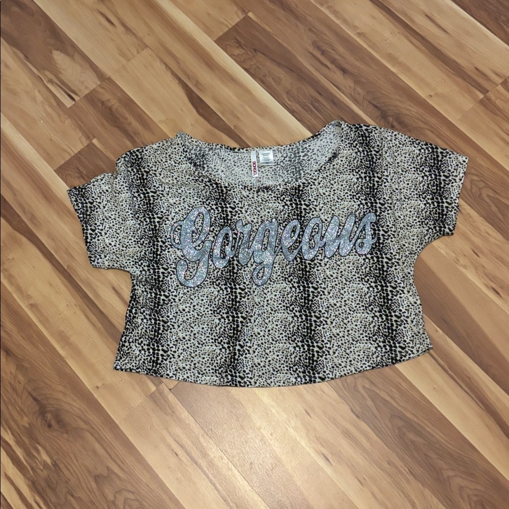 BONGO Leopard Print Top with Blue 'Gorgeous' Text